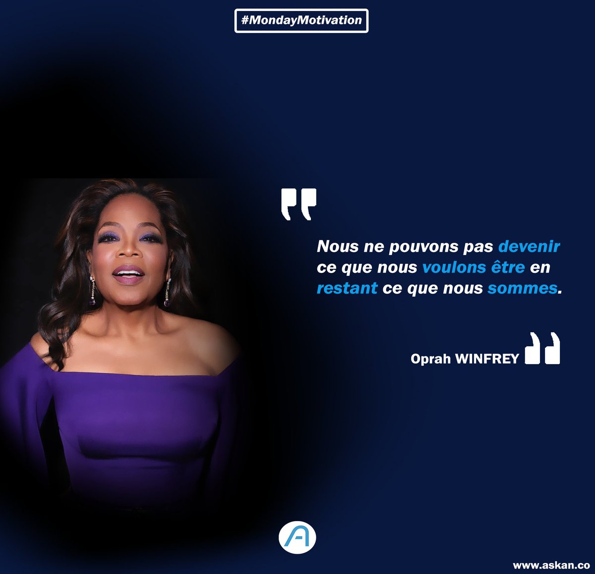 Bon début de semaine à tous ! Voici une citation d'Oprah Winfrey qui devrait en motiver beaucoup. 🗣️ . La première étape pour atteindre vos objectifs est d'adopter une attitude de changement. Sortez de votre zone de confort et challengez vous !