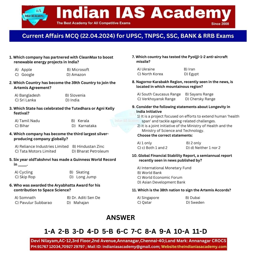 Indian IAS Academy's Current Affairs English mcq (22.04.2024)               
#rrb #ssc #ssccgl #upsc #upscaspirants #upscpreparation #upscexam #upscexampreparation #upscexams #tnpsc #tnpscgroup4 #tnpsccurrentaffairs #tnpscpreparation #tnpscpreparationexam #tnpscplanner
