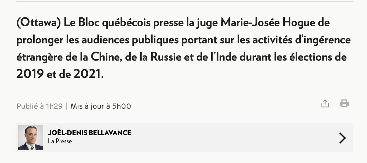 [Whoa!] The Bloc is urging Judge Marie-Josée Hogue to extend the public hearings on foreign interference The recent testimonies of Justin Trudeau, his close collaborators and the director of CSIS David Vigneault raise many questions that must be examined, the Bloc says in a