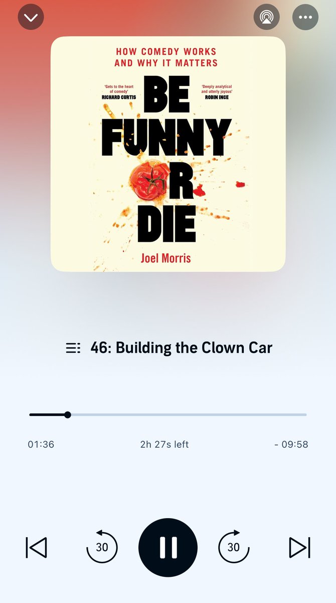 I’m no comedian (as anyone who’s read my more “amusing” tweets will attest) but I’m really enjoying this audiobook by @gralefrit about the craft of comedy writing. Full of funny gags and insight about story rhythm that would benefit any writer really. And it’s great company! 🤡