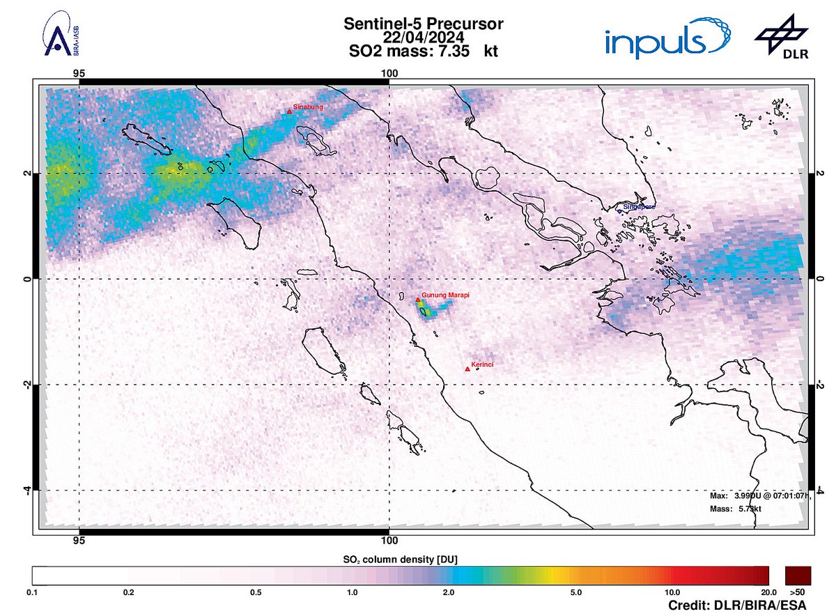 On 2024-04-22 #TROPOMI has detected an enhanced SO2 signal of 3.98DU at a distance of 9.6km to #GunungMarapi. Other nearby sources:  #Kerinci. #DLR_inpuls @tropomi #S5p #Sentinel5p @DLR_en @BIRA_IASB @ESA_EO #SO2LH