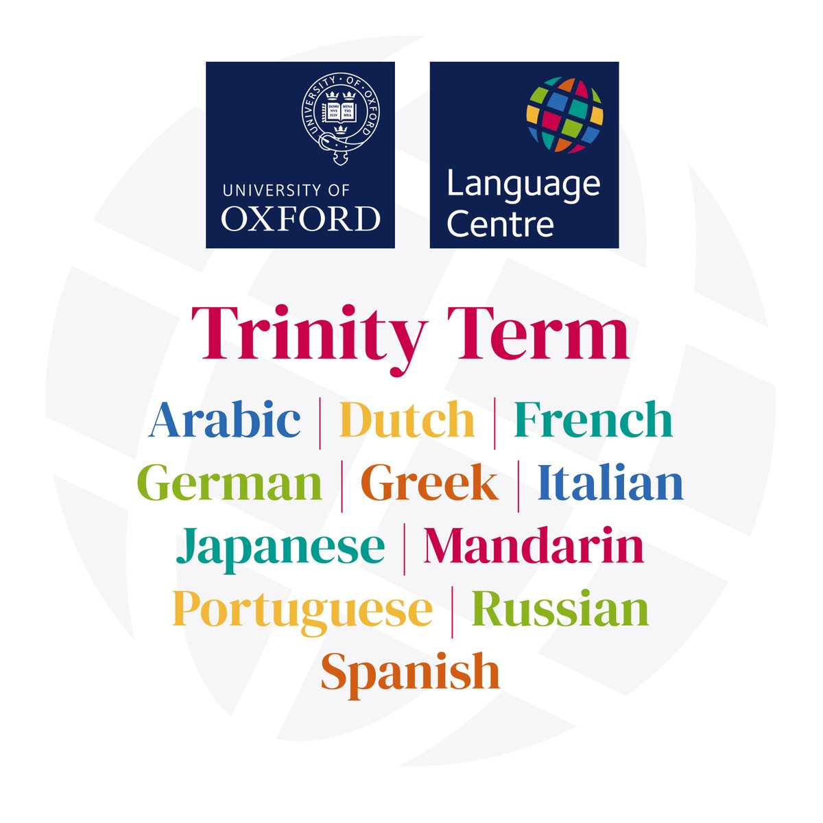 Learn a language with @OxUniLangCentre this Trinity term! 💬 👋 ⏱️ Enrol by Midday this Wednesday 24th April. Courses include Arabic, Dutch, French, German, Greek, Italian, Japanese, Mandarin, Portuguese, Russian and Spanish. Find full details ▶️ lang.ox.ac.uk/language-cours…