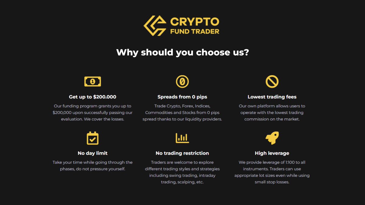 Start your funded journey with the first prop-firm focused on cryptocurrencies with

0-pips Spreads
Lowest Commission 
High Leverage
Fastest Payout 
Fully operated on MT5 

Use link below 
cryptofundtrader.com/?_by=energycry…