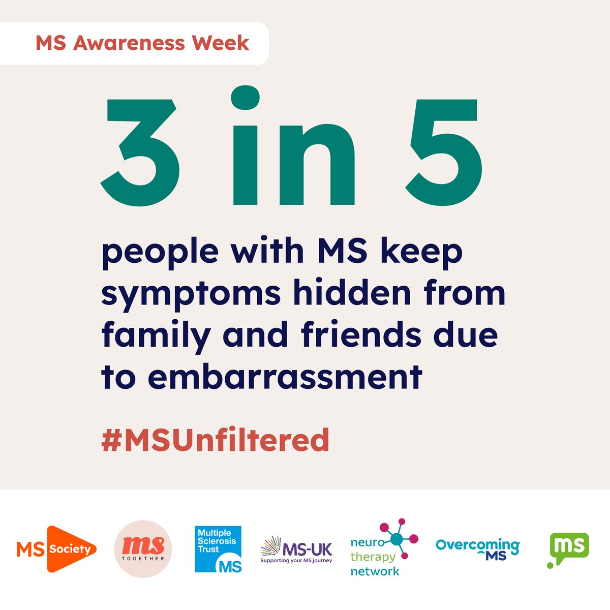 MS symptoms can come and go and change over time. No one should feel embarrassed about or have to hide their MS symptoms. 🧡

We've got information and support on dealing with #MSSymptoms ➡️ mssoc.uk/3UbustW

This #MSAwarenessWeek join the conversation using #MSUnfiltered