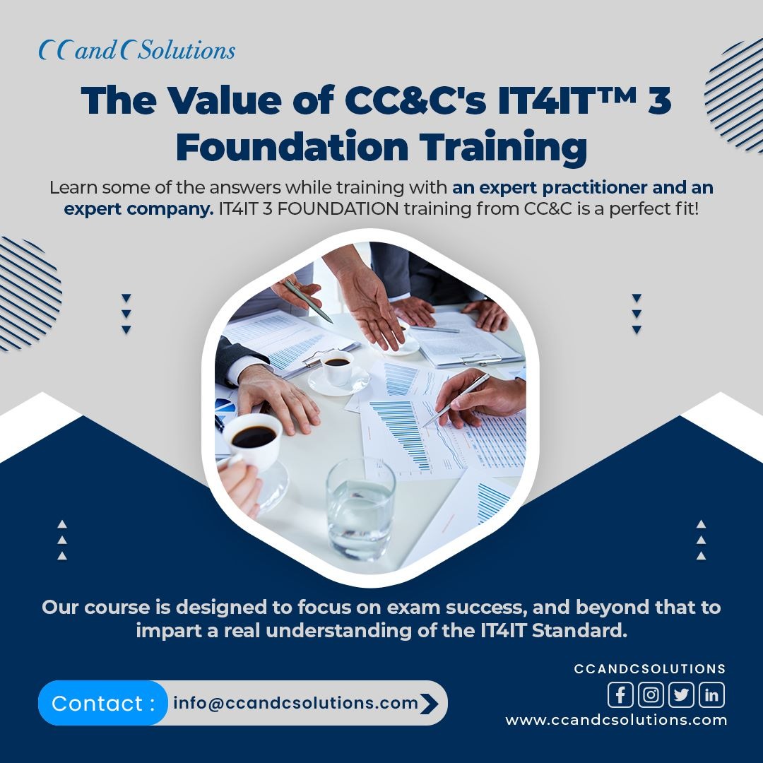 The Value of CC&C's #IT41T™3 Foundation Training.
Learn some  training with an expert practitioner and an expert company. #IT41T 3 FOUNDATION training from CC&C is a  fit!
For More details : ccandcsolutions.com
#IT41T #foundationtraining #architecturetraining #ittraining