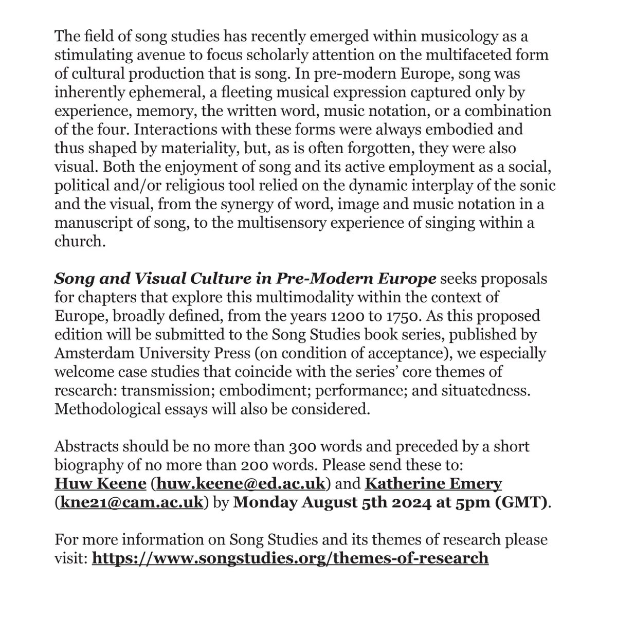 Myself and @emery_katherine are excited to announce a call for chapters for a volume we are editing together! The volume will be submitted for review to @SongStudies21, as part of their book series with @AmsterdamUPress. All information below. Please share widely if you can!🎶🎨