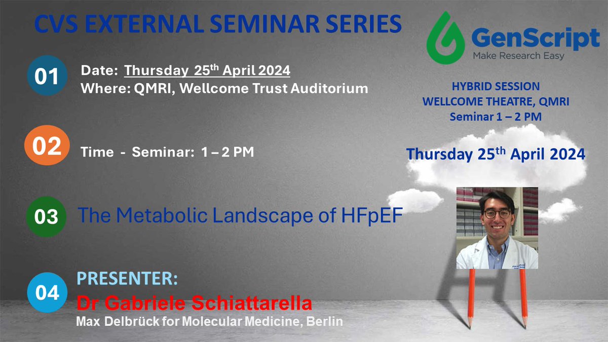 Join us for another exciting #CVSExternalSeminar Thursday 25th of April 2024 between 1-2PM at the QMRI, when we'll have Dr @gabrieleschiat1 from the Max Delbrück Center for Molecular Medicine Title: The Metabolic Landscape of HFpEF Moderator: Andy Baker