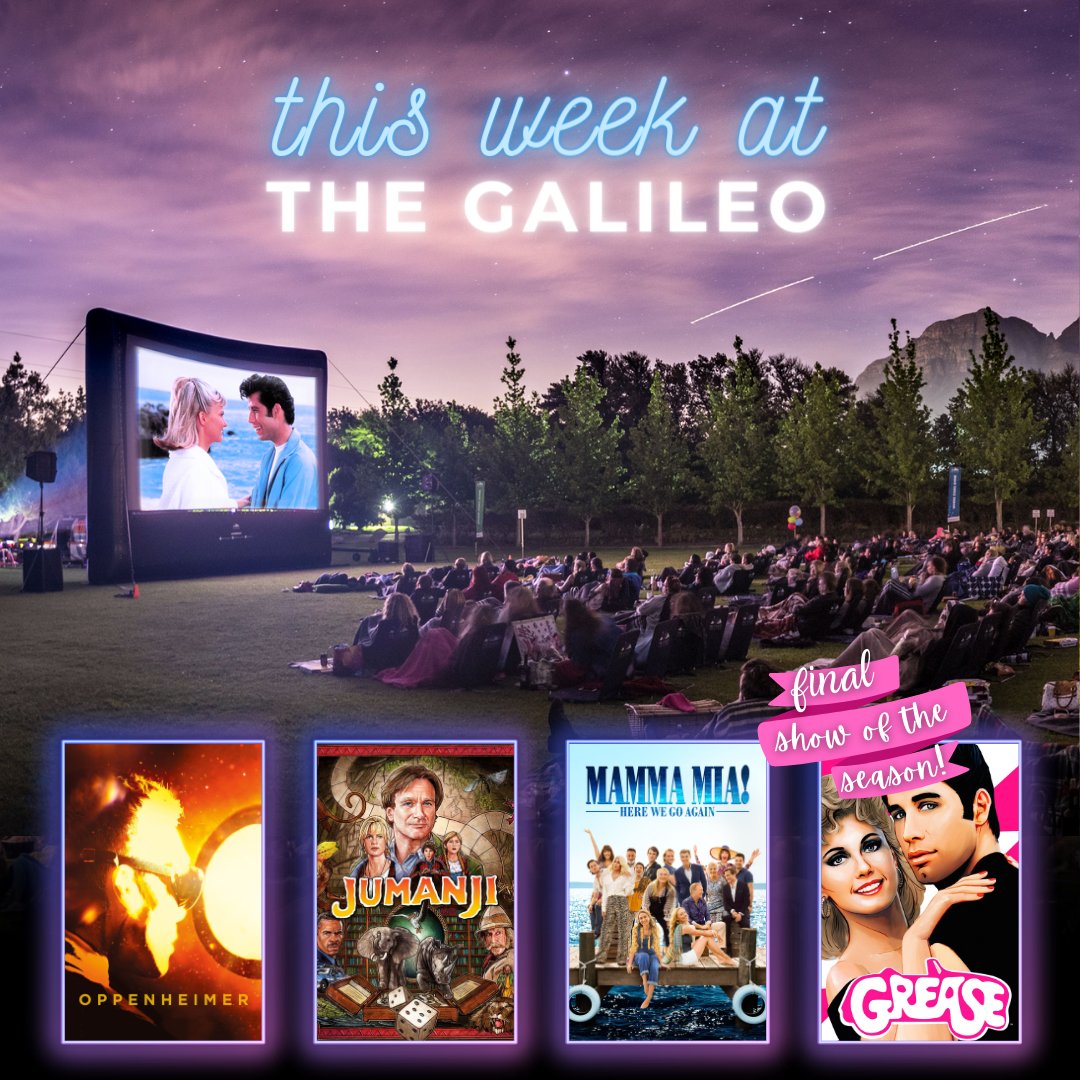 𝗦𝘂𝗺𝗺𝗲𝗿 𝘀𝗲𝗮𝘀𝗼𝗻 𝗳𝗶𝗻𝗮𝗹𝗲! 
💣 24 Apr: Oppenheimer
♟️25 Apr: Jumanji 
🪇26 Apr: Mamma Mia! Here We Go Again
🕺27 Apr: Grease at <a href="/Lourensford/">Lourensford Wine</a> 

A magical evening awaits: thegalileo.co.za/movies/  

The Galileo in proud partnership with @nedbankprivatewealth