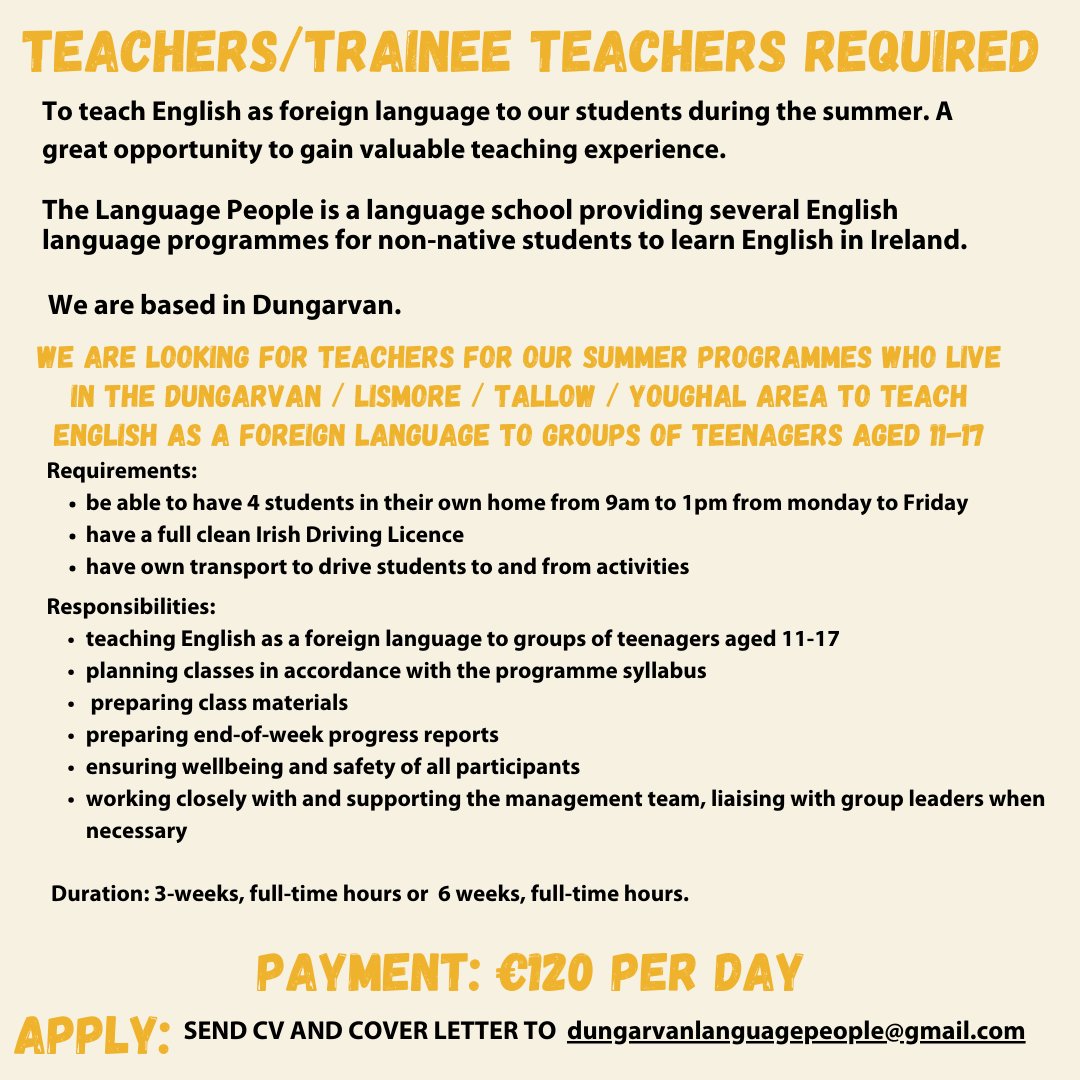 ☀Teachers/Trainee Teachers Required 📢 📍Must be based in the Dungarvan/Lismore/Tallow/Youghal area Send your CV and cover letter to dungarvanlanguagepeople@gmail.com #jobfairy #ad