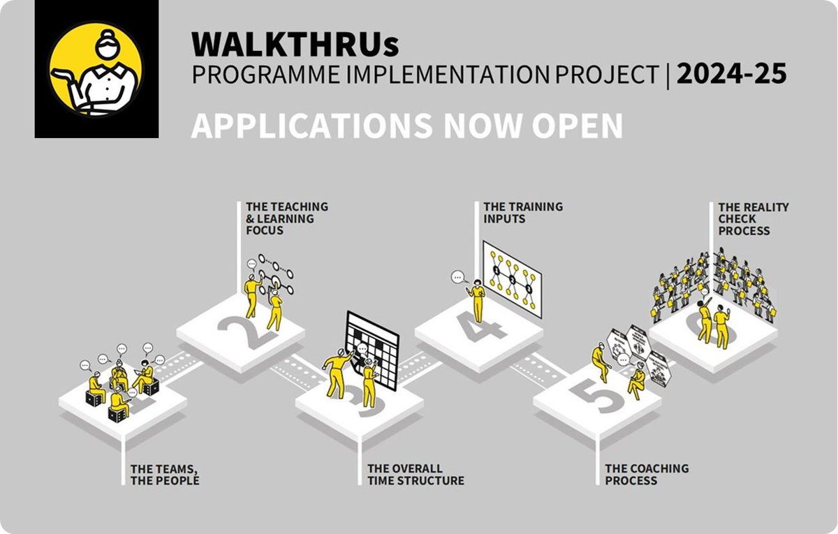 📢APPLICATIONS OPEN | 2024-25 Our WalkThrus Programme Implementation Project is designed to support schools or colleges to develop and implement excellent processes for PD, coaching & leadership of teaching and learning, working with the @WALKTHRUs_5 materials. ⬇️