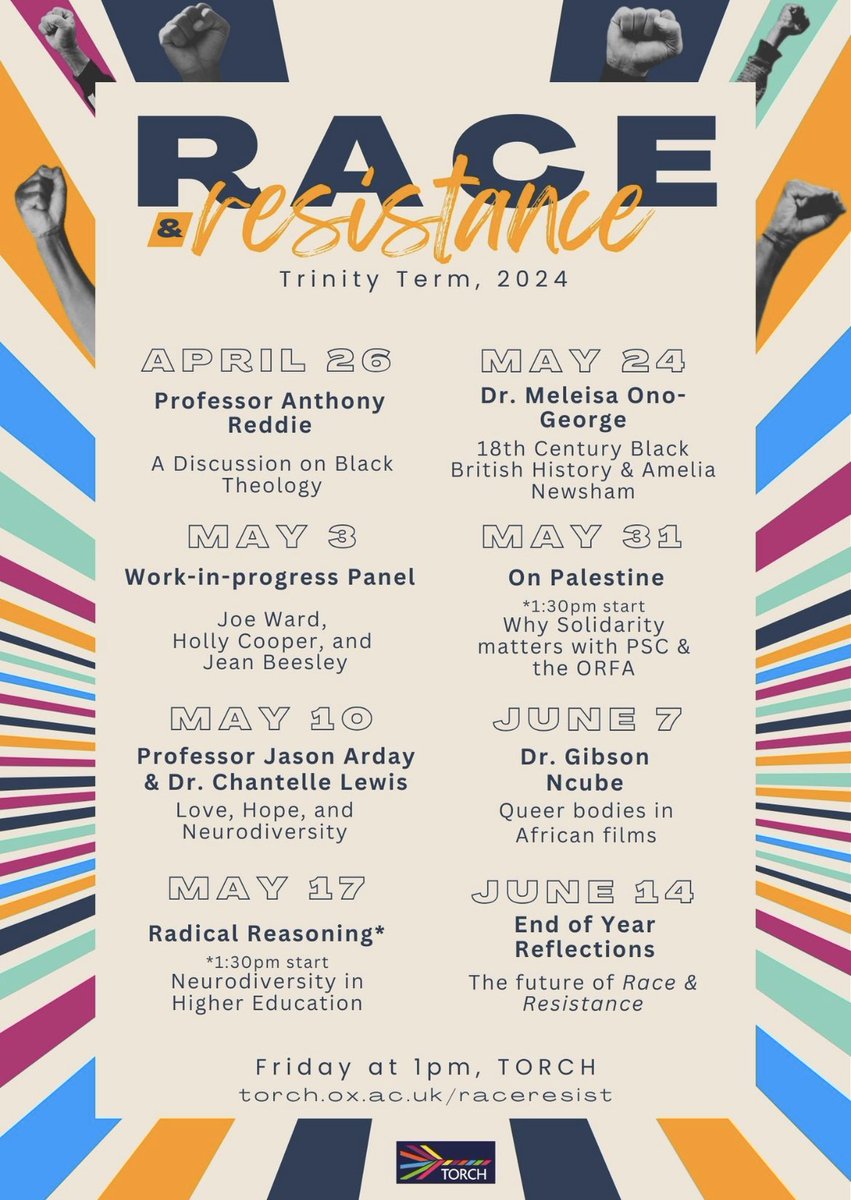 🚨TRINITY TERM CARD 🚨 Week 1 has come around so quickly & we are so looking forward to welcoming you back on Friday 🥳 Please note that two events this term start at 1:30, rather than our usual 1pm time. #RaceResistOx @ChantelleJLewis @HollySCooper_ @TORCHOxford