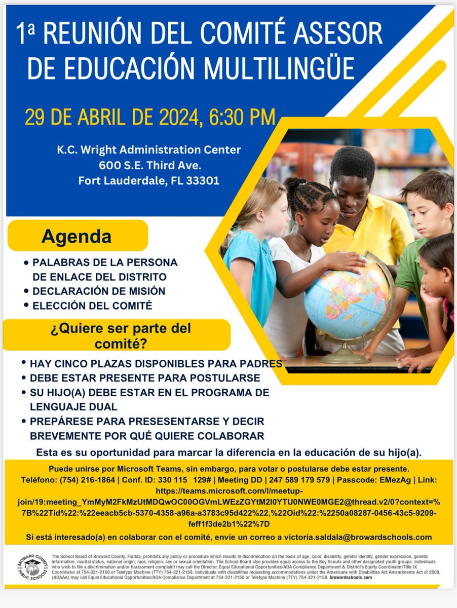 Join us for the first Multilingual Advisory Committee Meeting to learn about the Dual Language program and elect the first Committee Members. April 29th at 6:30 pm. @BCPSDualLang @browardschools