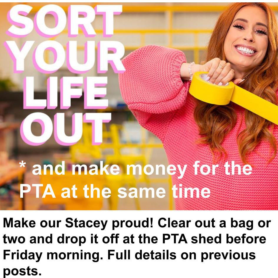 Clothing drive now on! Please drop a bag to the PTA sheds this week.