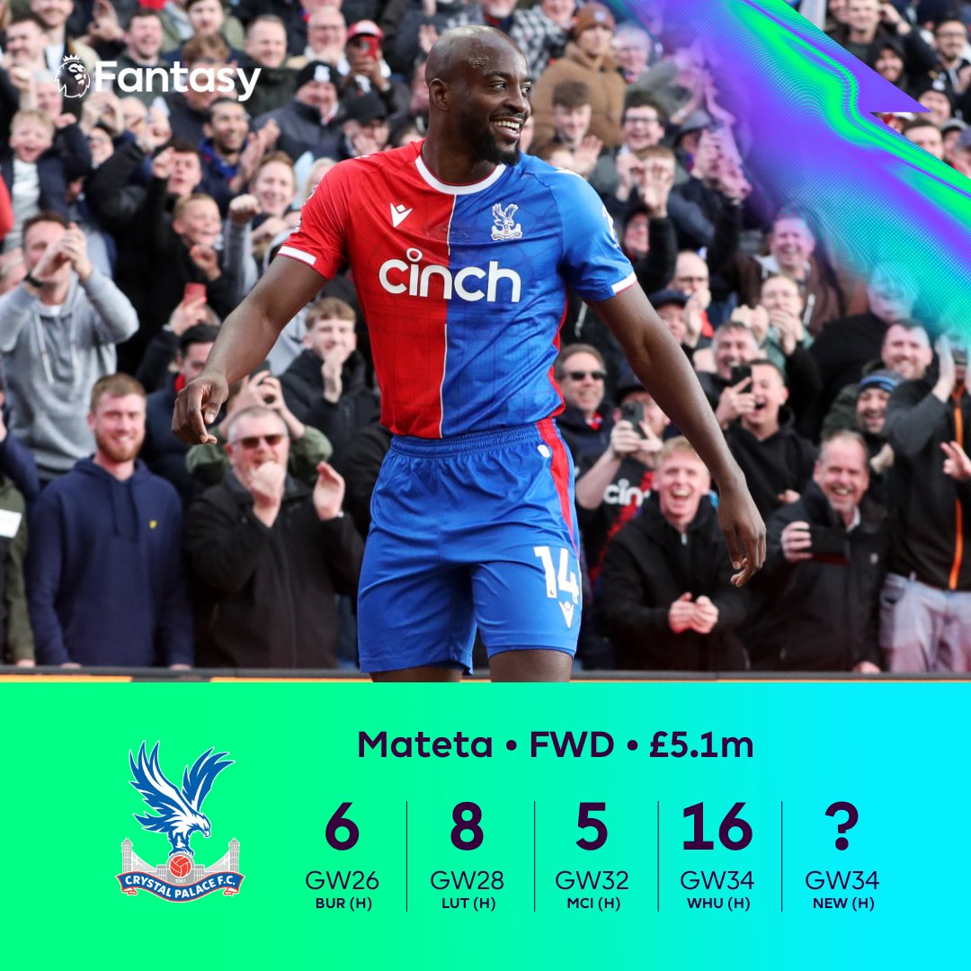 OfficialFPL's tweet photo. Jean-Philippe Mateta has found the net in each of his last four home matches 🙌

He has a home fixture to come in Double Gameweek 34, as he looks to add to his 16-point haul 🤩

#FPL https://t.co/1enTIQXPkr
