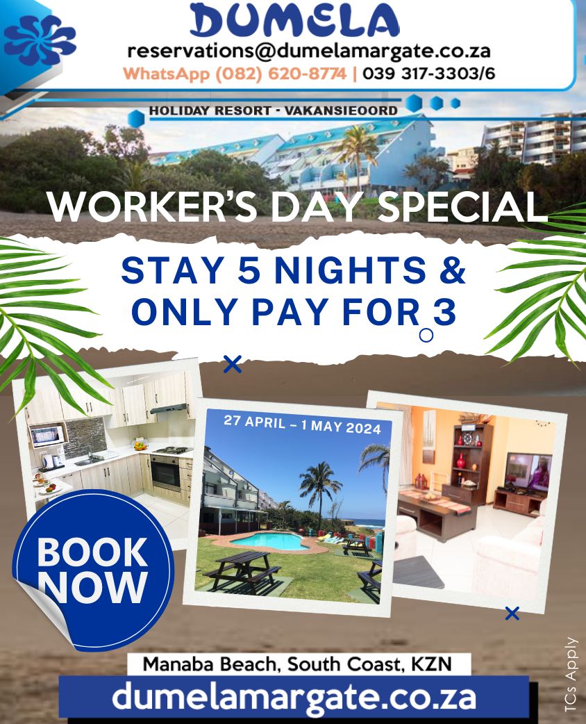 💰 Take advantage of our Workers Day special and enjoy a 5-night stay, only pay for three nights! 🤩 Book now bit.ly/3tcVelA #KZNSouthCoast #WorkersDaySpecial #Getaway #BeachLife