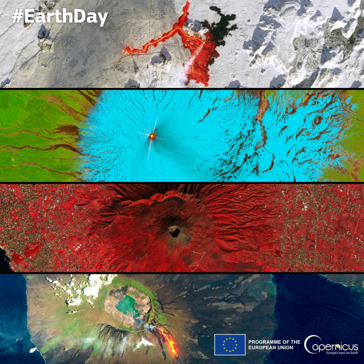 #EarthDay What better way to celebrate the #Earth's power than with a collage of images of volcanoes? 🌋 We usually associate them with destructive eruptions, but volcanic activity can also create new land ⬇️Check out this #Sentinel2 collage of global #volcanoes