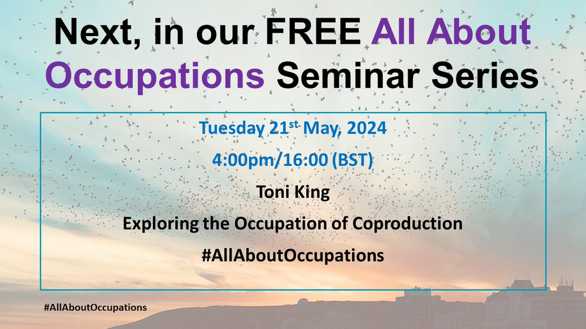 All About Occupations (@all_occupation) on Twitter photo Next in our 2024 FREE #AllAboutOccupations seminar series!
Join @ToniKingOT for: Exploring the Occupation of Coproduction. 21st May 2024,4-5 (BST).
To be added to our mailing list for links to live seminars, please email āPLEASE ADD MEā to: occupation@brighton.ac.u Next in our 2024 FREE #AllAboutOccupations seminar series!
Join @ToniKingOT for: Exploring the Occupation of Coproduction. 21st May 2024,4-5 (BST).
To be added to our mailing list for links to live seminars, please email āPLEASE ADD MEā to: occupation@brighton.ac.u