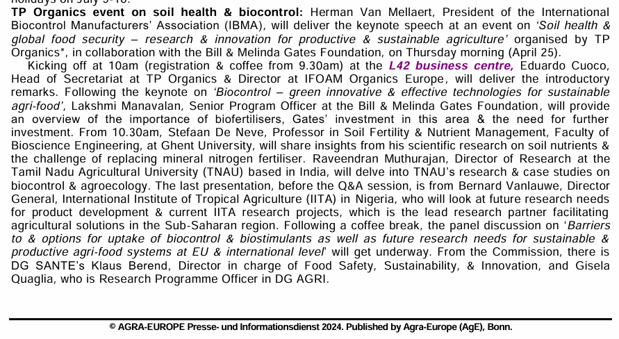 Our event on #SoilHealth & global #FoodSecurity taking place this Thursday is featured in @AgraFacts & will be moderated by Editor Rose O’Donovan! Are you joining us? 😍😃 👉🏾tporganics.eu/event-25-april