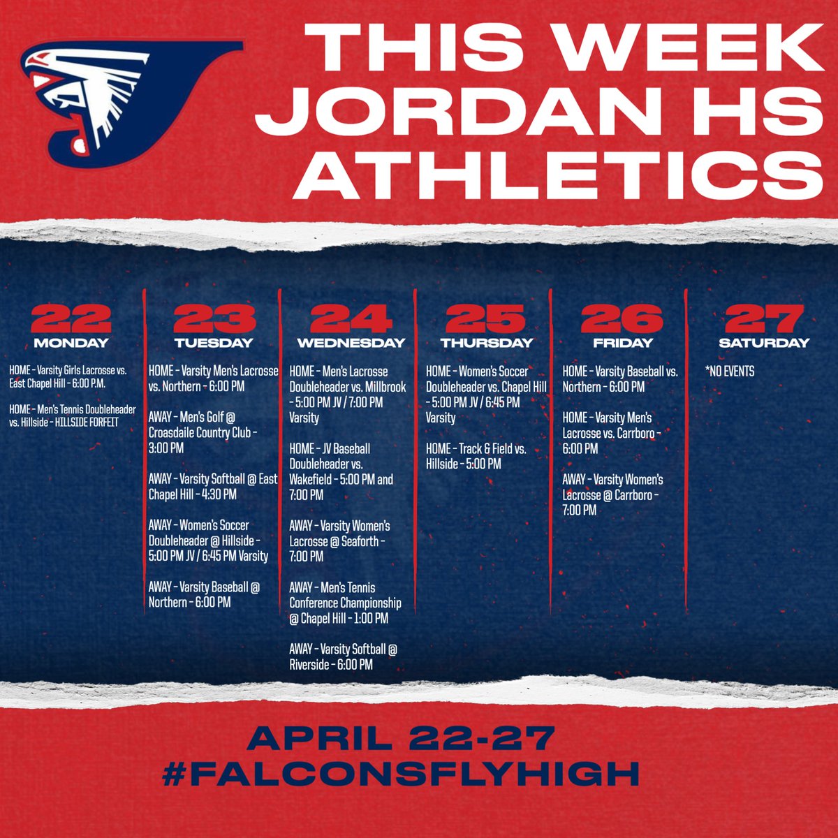Here are your Falcon 
@jordanfalcons
 sporting events for the Week of April 22nd:

🎟️Purchase your tickets at gofan.co/app/school/NC4… or via the GoFan App.

🛄 CLEAR BAG POLICY at DPS athletic events. Clear bags for purchase from 
@jordanhsbooster