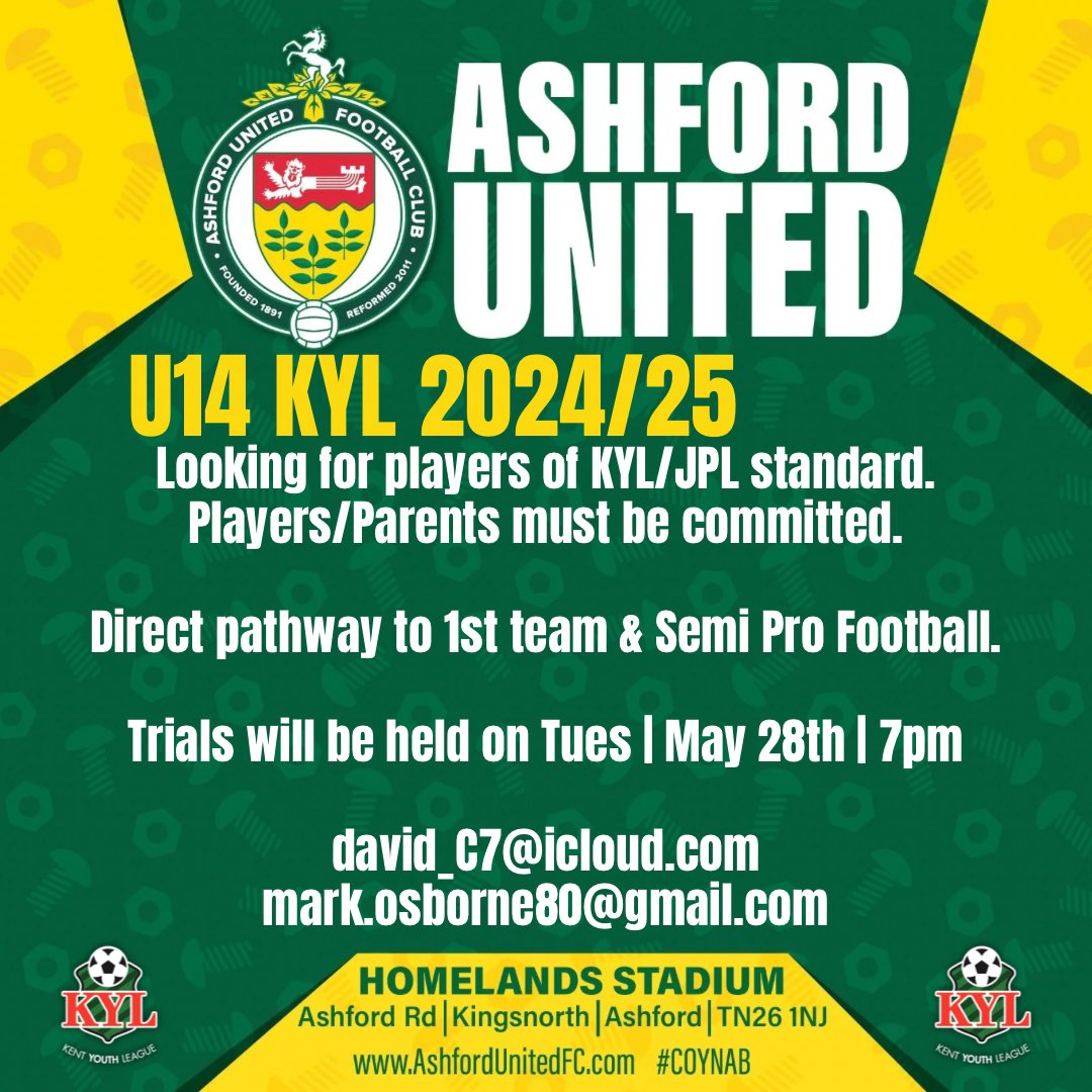 U14 Kent Youth League Trials 💚🤍 Ashford United is launching a new U14 @KentYouthLeague team for the 2024/25 season! Trials 🏟️ - Homelands Stadium 🗓️ - Tues | May 28th 🕖 - 7pm 📧 Contacts below. #AUFC #coynab #youthfootball #KentYouthLeague