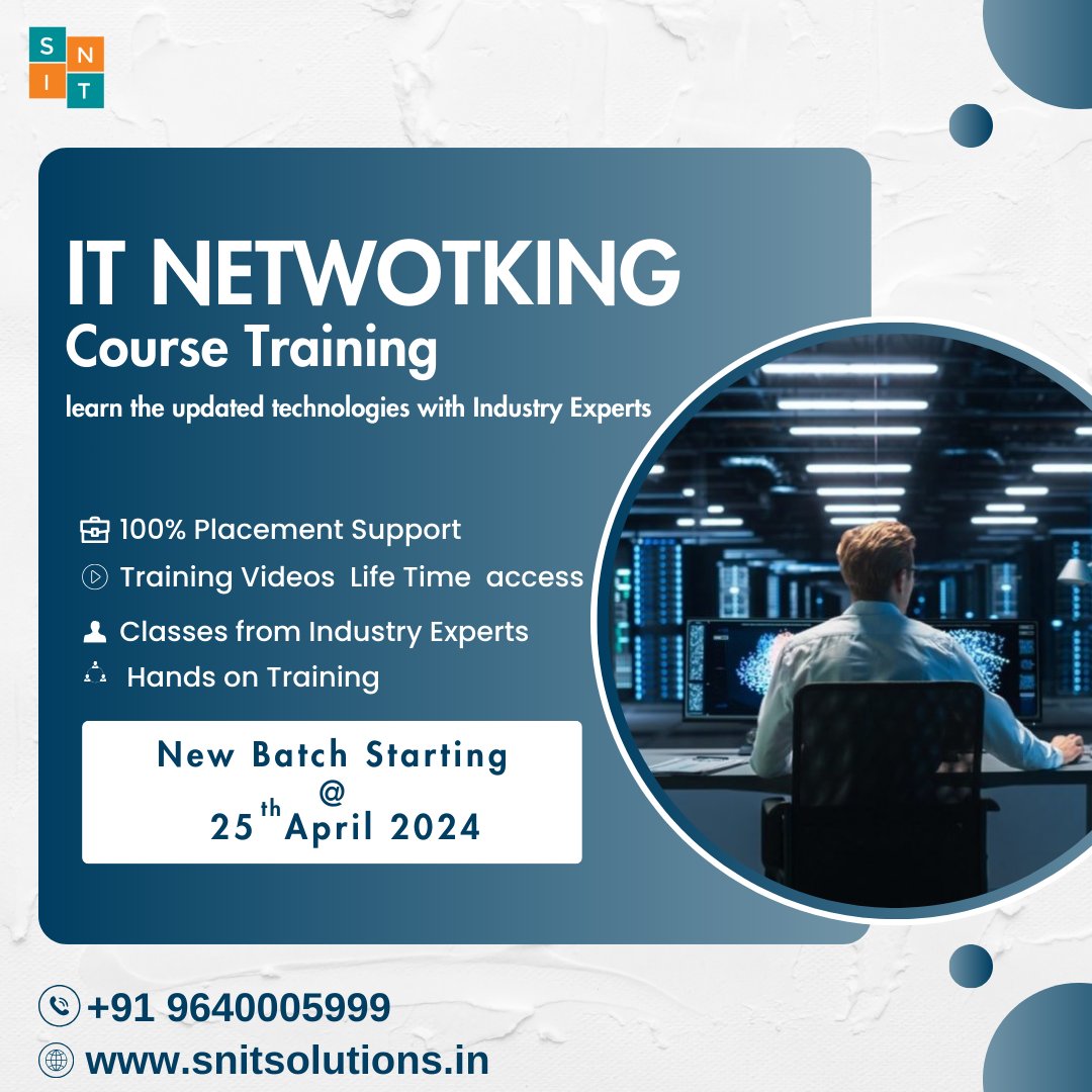 Grow Your Career with IT Networking Training

For More Info:
Feel Free to Call Us: +91 9640005999
Visit our Website: snitsolutions.in

#ITNetworking #NetworkEngineer #Cybersecurity
#CloudNetworking #CCNA
#Cisco #NetworkingTips 
#snittraininginstitute