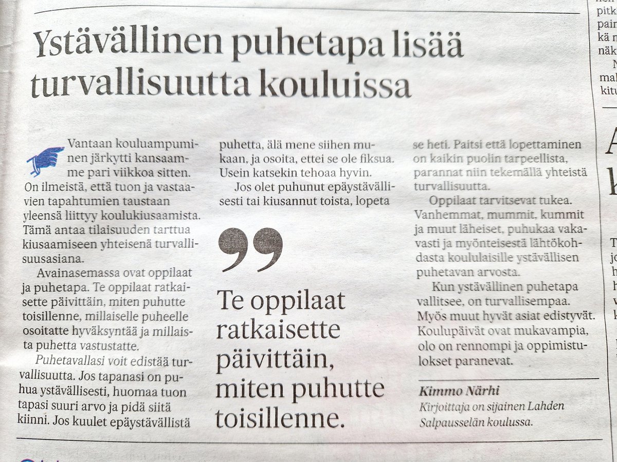 'Kun ystävällinen puhetapa vallitsee, on turvallisempaa'. 💚

Kimmo Närhi @ESSonline | 22.4.24 #vuorovaikutus #nuoret