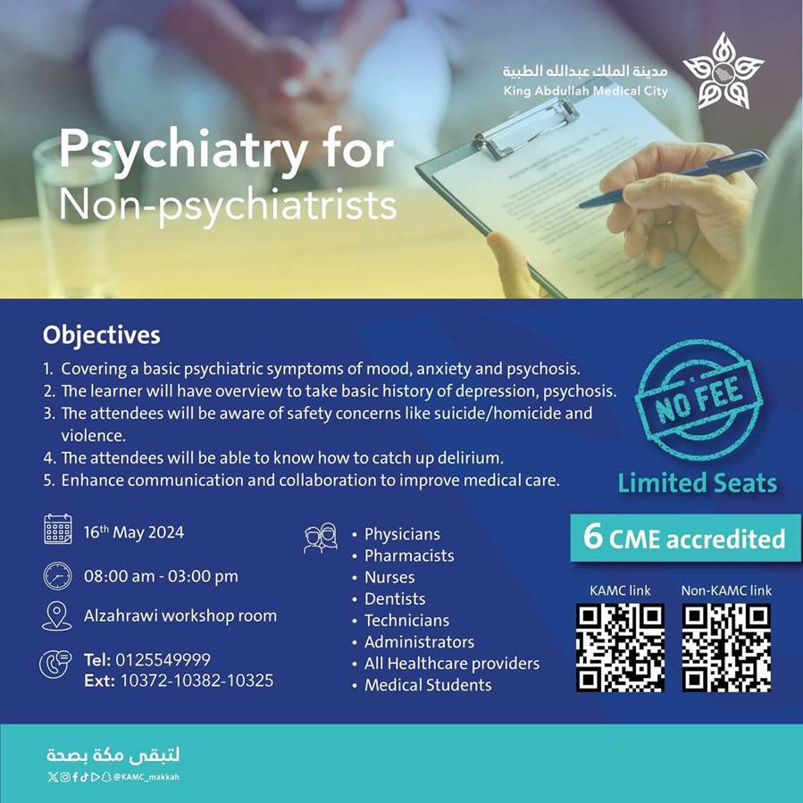 Alhanouff92's tweet photo. "🧠 Exciting Announcement! 🧠
Calling all non-psychiatry practitioners! Are you ready to dive into the fascinating world of psychiatry ? Join us for a course that is tailored to equip you with the knowledge and skills needed in your practice .
#PsychiatryCourse https://t.co/pAfOMi2kFv