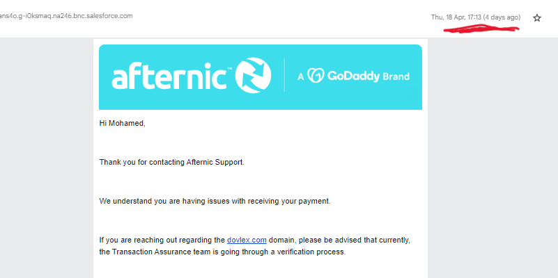 Dear @afternic

It has been 34 days since the Dovlex .com sales letter and I have not received my payment yet!!

Did it take that long to verify the payment?

The buyer is putting it up for sale now. This is very disappointing

Has this happened to you before ??

#domain #Godaddy