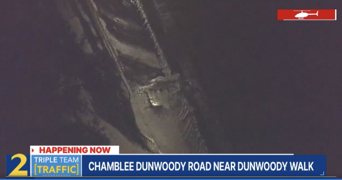 A water main break in Dunwoody has Chamblee Dunwoody Rd currently closed between Spalding Dr and Roberts Dr. @mckayWSB in News Chopper 2 shows water across the road. Use Spalding or Robert’s Dr as alternates. Updates w/ @WSBTraffic on @wsbtv! #ATLTraffic