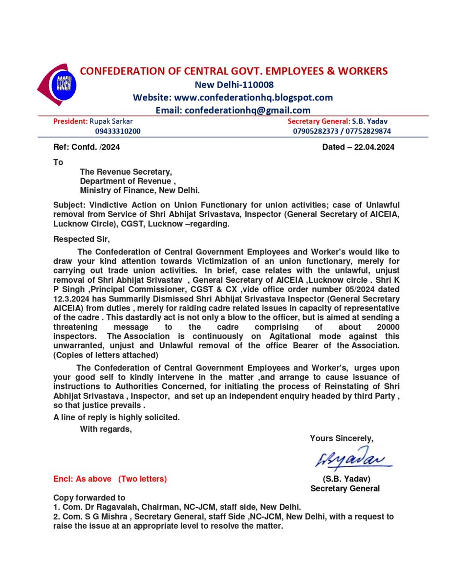<a href="/narendramodi/">Narendra Modi</a> <a href="/PMOIndia/">PMO India</a> <a href="/nsitharaman/">Nirmala Sitharaman</a> <a href="/FinMinIndia/">Ministry of Finance</a> <a href="/mppchaudhary/">Pankaj Chaudhary</a> <a href="/cbic_india/">CBIC</a> <a href="/cgstluckzone/">CGST Lucknow Zone</a> <a href="/PIB_India/">PIB India</a> 
#Justice4Abhijat Support of Confederation of Central Government Employees and Workers to re-instate our warrior Abhijat Srivastav. Hope early action from the Authorities. We