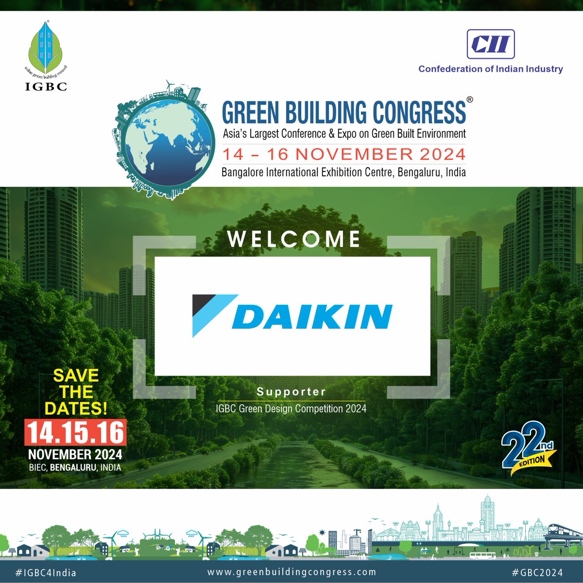 🌿🏙️ We're delighted to announce that Daikin Airconditioning India Pvt. Ltd is joining us as a Supporter of the IGBC Green Design Competition 2024, which is an integral part of the GBC 2024 @FollowCII @DaikinIndia @WorldGBC #IGBC #CII #GreenBuildingCongress #daikin #GBC2024