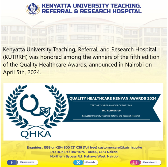 Kenyatta University Teaching, Referral, and Research Hospital (KUTRRH) was honored among the winners of the fifth edition of the Quality Healthcare Awards, announced in Nairobi on April 5th, 2024.Learn more: shorturl.at/cdovO