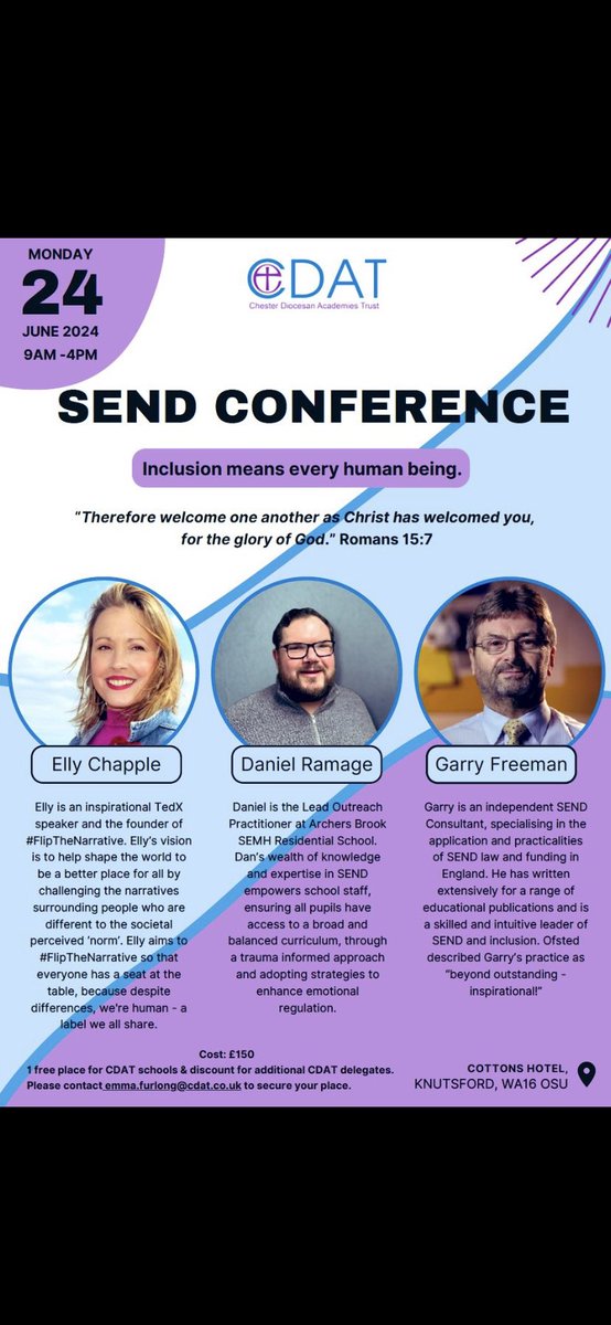 CDAT_Education's tweet image. So excited about our @CDAT_Education #SENDConference coming up in June. Tickets are now available through office@cdat.co.uk - an amazing line up of speakers all committed to giving every child the chance to flourish at school. #Flourishing