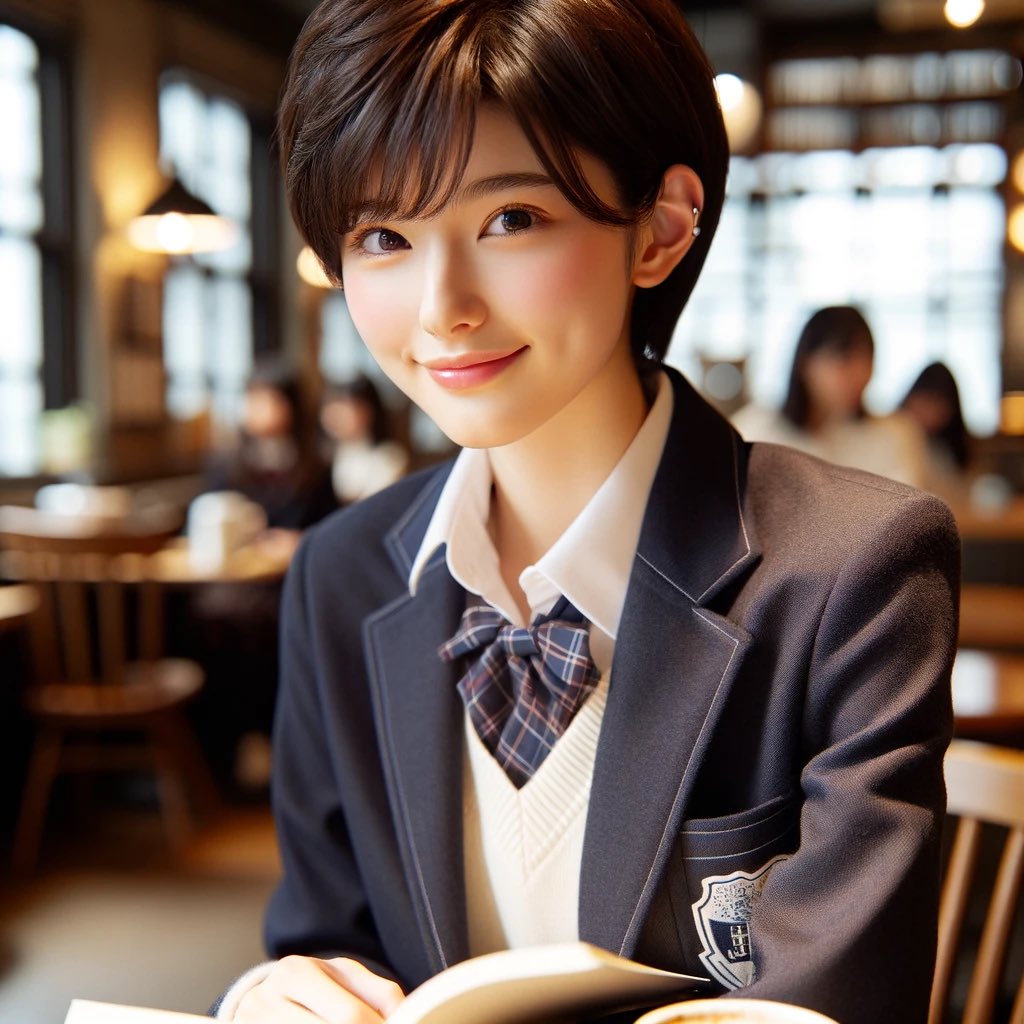 pascalcocoa's tweet image. ChatGPTのDALL Eで美少女系のイラストを描いてみました。初めてやってみましたが、クオリティが高すぎてびっくり！
自分の趣味で描きます。ご了承のほどよろしくお願いします。
テーマはカフェで勉強中！
#美少女 #DALLE3 #japanese #cafe #凛とした笑顔　#美人 #高校生