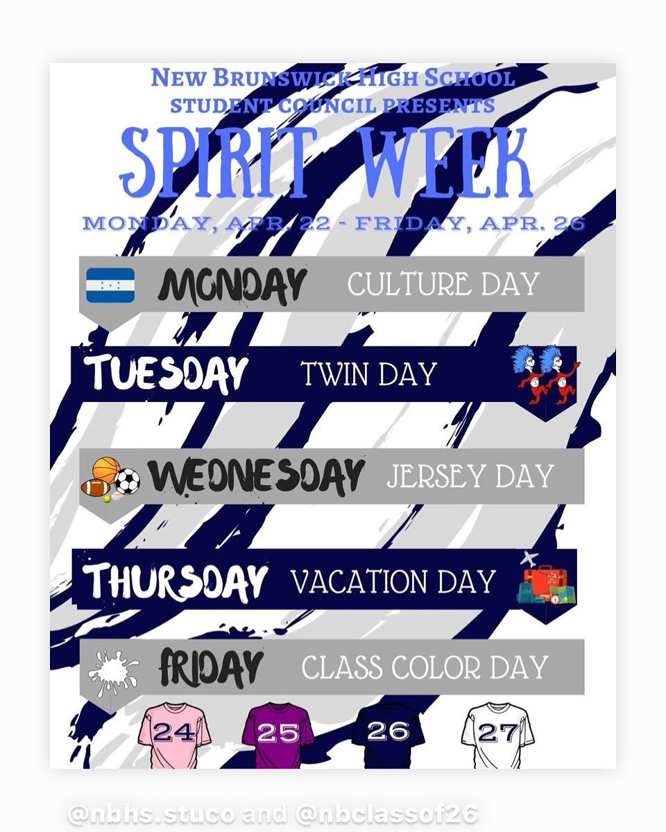 Zebra Nation!

This week is the last spirit week for the 2023-2024 school year! Participating in spirit wk can help your class earn participation points.
Let’s get together & celebrate the last spirit wk of the school year! #EarnYourStripes #ALLIN4NB @NBHSZebras @ZebraPodcastNet