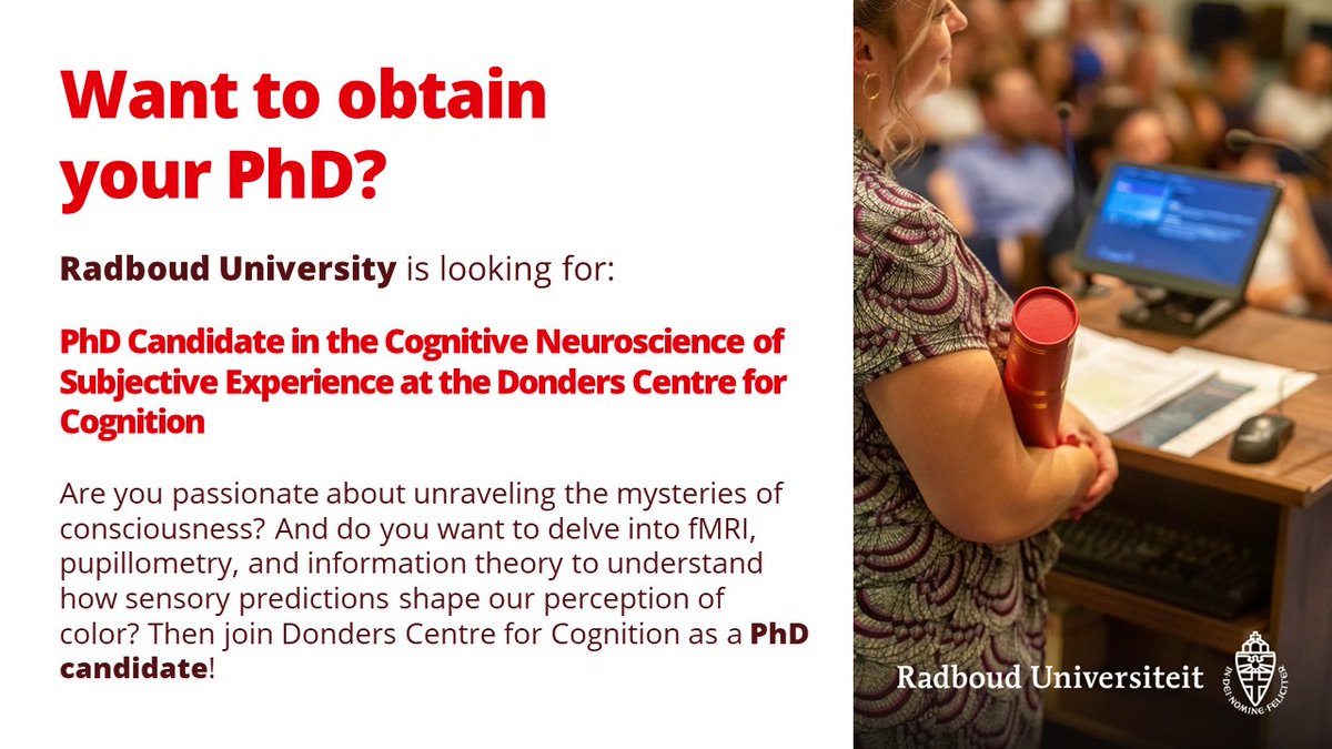 📢I am hiring a PhD candidate! Are you passionate about unraveling the mysteries of consciousness? And do you want to delve into fMRI, pupillometry, and information theory to understand how sensory predictions shape our perception of color? Apply here: ru.nl/en/working-at/…