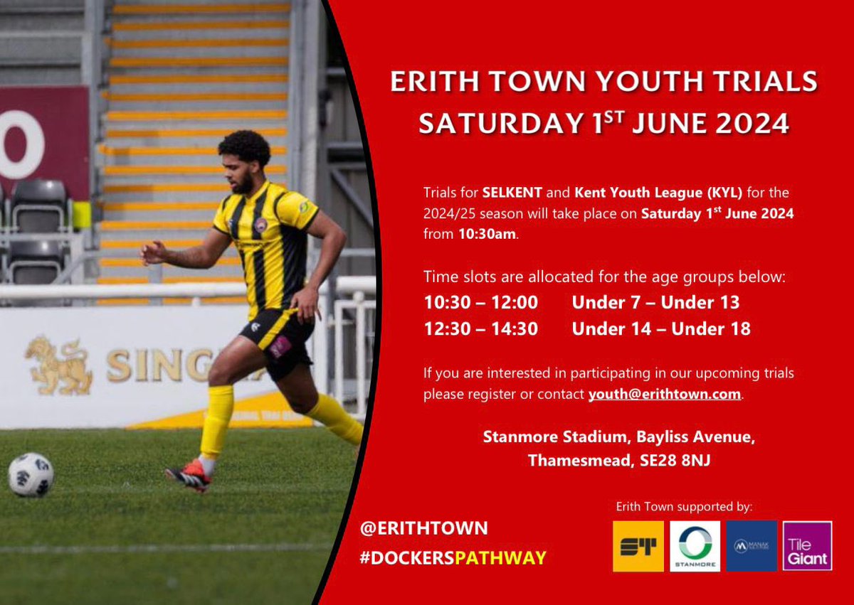 📋 | YOUTH TRIALS

It was a successful weekend for many of #TheDockers teams, from Under-9 all the way to the First Team!

Our trial dates are still open for any youth player who wants to be on the #DockersPathway, so make sure that you 📧 youth@erithtown.com!

#WeAreDockers