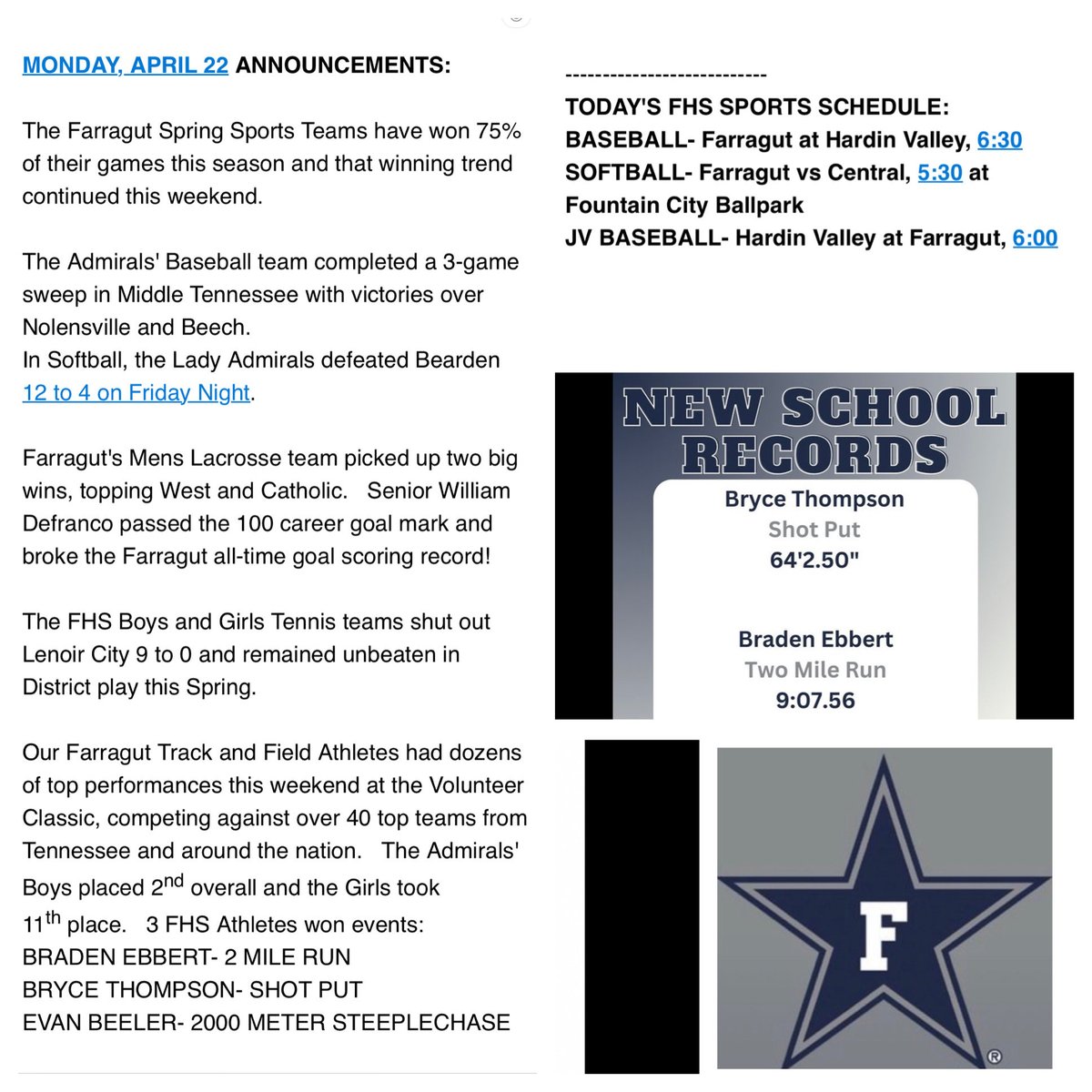 Here’s an Early Look at Monday Morning’s Farragut High School Sports Announcements ⚓️