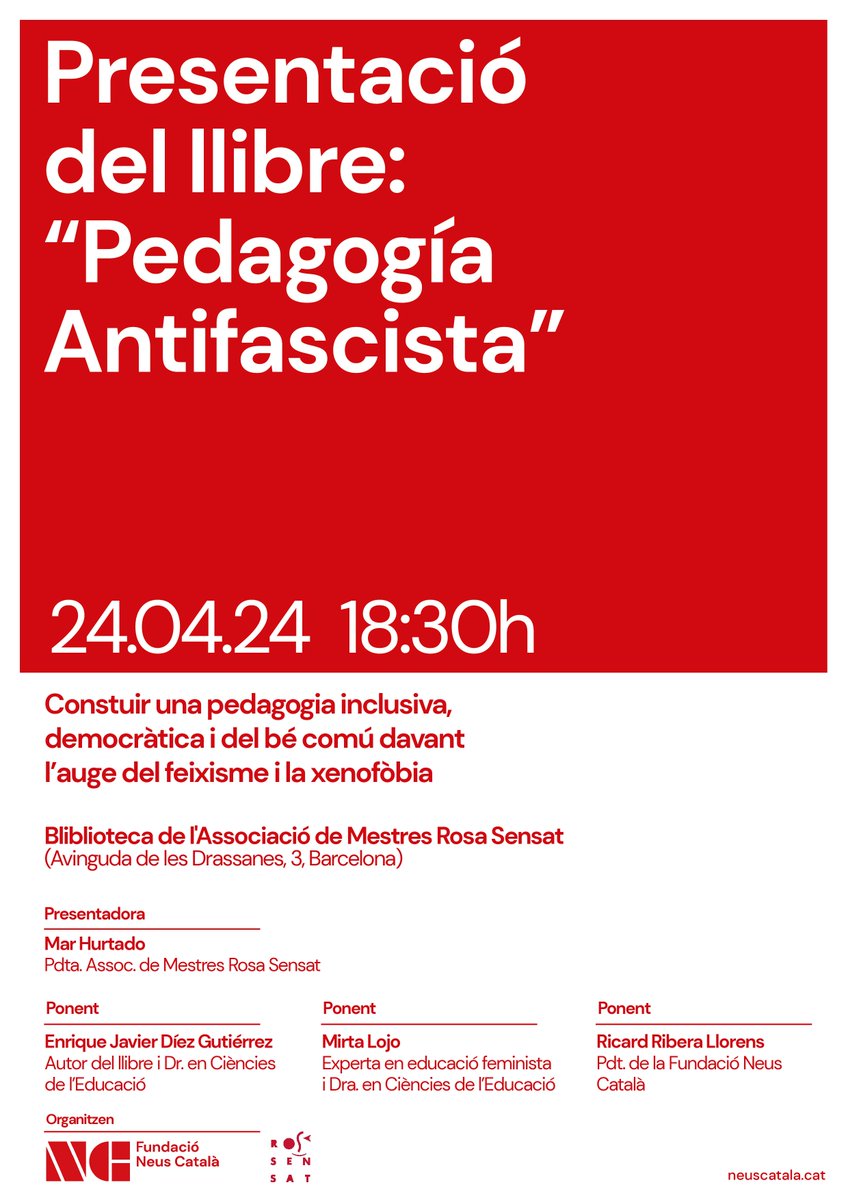Dimecres tindré el plaer de participar de la presentació del llibre 'Pedagogía antifascista', amb l'@EnriqueJDiez, la @mhurtad4 i Mirta Lojo.

No us perdeu aquest acte coorganitzat per l'Associació de Mestres @RosaSensat i la Fundació @NeusCatala_fun.