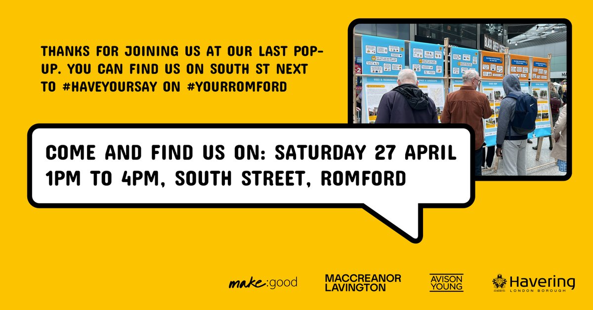 make:good (@wemakegood) on Twitter photo Thank you to everybody who joined us at our #YourRomford pop up in @LibertyRomford on Saturday. If you missed us you can find us next on Saturday 27 April, 11am to 3pm, South Street. <a href="/LBofHavering/">Havering Council</a>. Or visit yourromford.co.uk to fill out the survey before 3rd May. Thank you to everybody who joined us at our #YourRomford pop up in @LibertyRomford on Saturday. If you missed us you can find us next on Saturday 27 April, 11am to 3pm, South Street. <a href="/LBofHavering/">Havering Council</a>. Or visit yourromford.co.uk to fill out the survey before 3rd May.