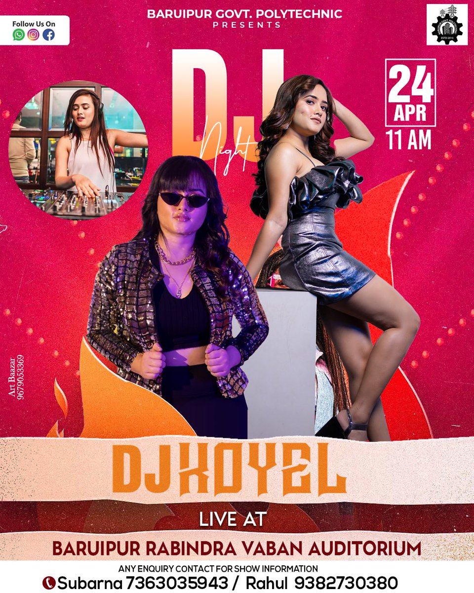 DJKOYEL's tweet photo. 24th April - ATMOSPHERE- BARUIPUR GOVT. POLYTECHNIC.✨

See you at Baruipur Rabindra Vaban Auditorium.❣️
#djkoyel #campus https://t.co/wcBbMq4goL