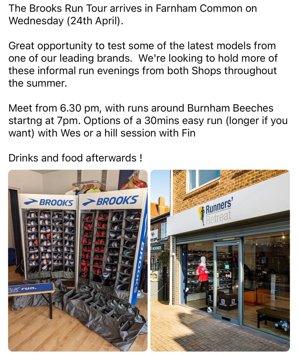 We’ve got the <a href="/Brooksrunninguk/">Brooks Running UK&IE</a> Run Tour dropping into Farnham Common this week (Wednesday). Check below for timings. Interested? Come to the store 6:30pm onwards and grab a pair of shoes to test. All paces catered for.