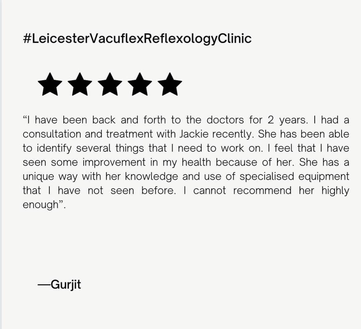 ReflexologyXTRA's tweet photo. Another 5 ⭐️review at The Leicester Vacuflex Reflexology Clinic! Your first step to better help.
You can email for an appointment at vacuflexreflexology@yahoo.com 
Or visit my website vacuflexreflexology@yahoo.co.uk https://t.co/YT4SwEgZad