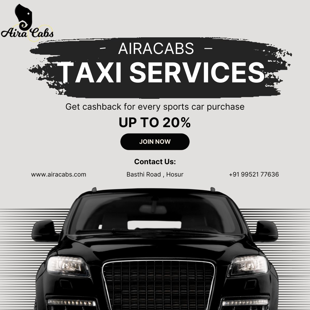 Discover Airacabs, your premier taxi service provider in Hosur, offering airport taxi pickup/drop and outstation cabs at competitive rates. 

#airacabs #taxiprovider #taxiservice #taxi #cabservice #CABS #airporttransfer #AirportTransfers #airport #airporttaxi #karnataka