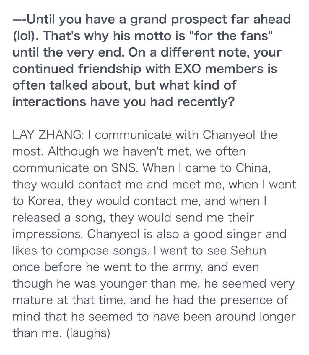yixing mentioned sehun and chanyeol in a recent interview! he said that he met sehun before he enlisted in the military and talked about how sehun has grown/matured~ ㅠㅠ