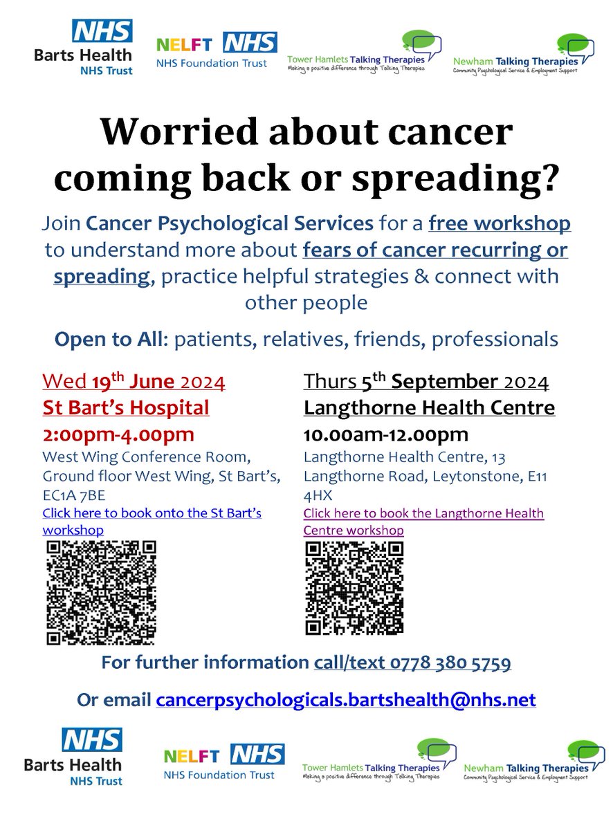 Worried about cancer coming back or spreading? To find out more, book your FREE place: 👉bit.ly/3OR4urn Workshops are open to everyone - see below!