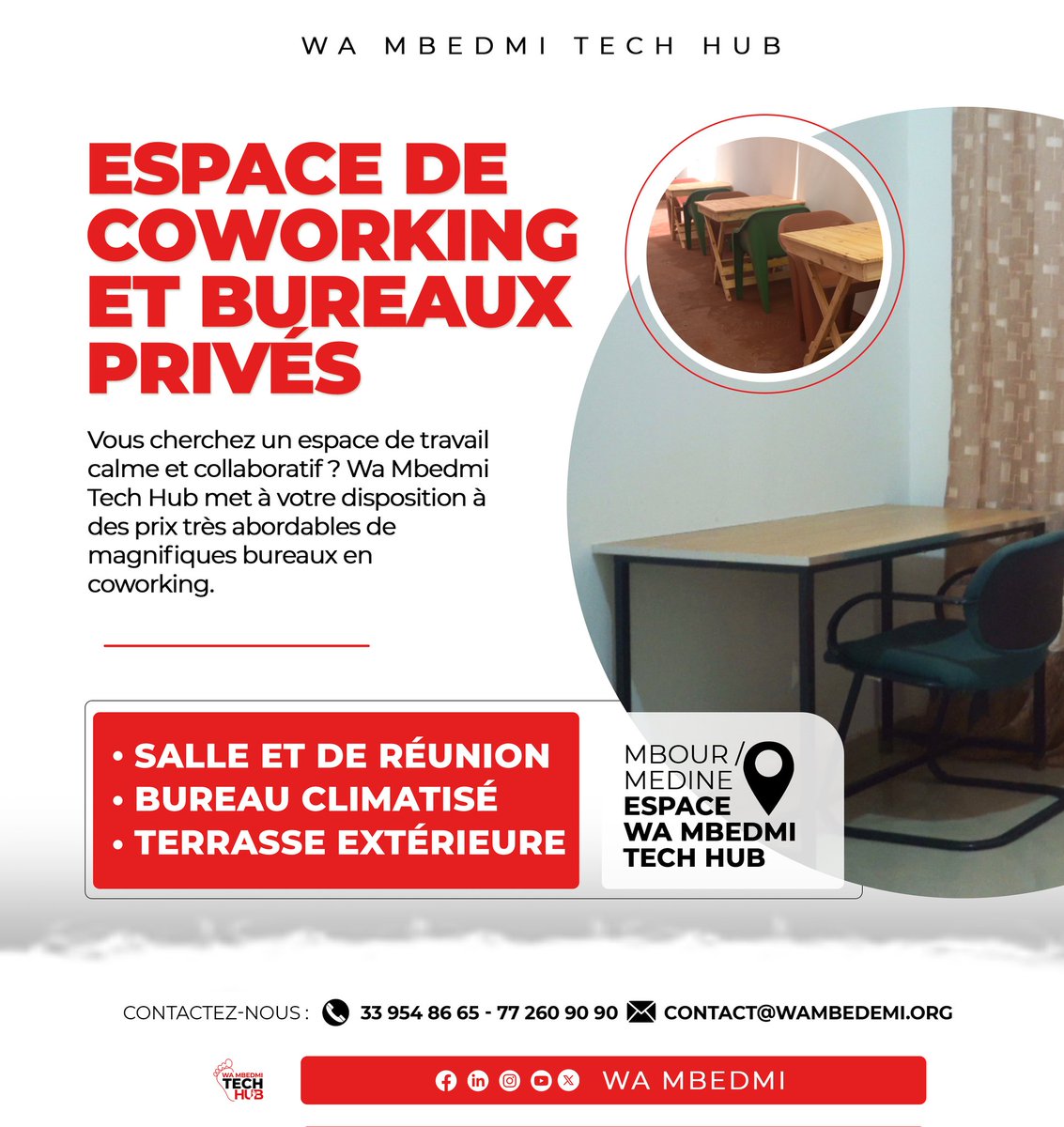 wambedmi_asso's tweet photo. 2/2 Bienvenue dans les locaux de Wa Mbedmi Tech Hub, le Centre d'Innovation Sociale et Environnementale de Mbour.

Contactez-nous !
☎️ 33 954 86 65 // 77 659 11 11
📧 contact@wambedmi.org 

#WMTH #CISEM https://t.co/Jg547DUm8p