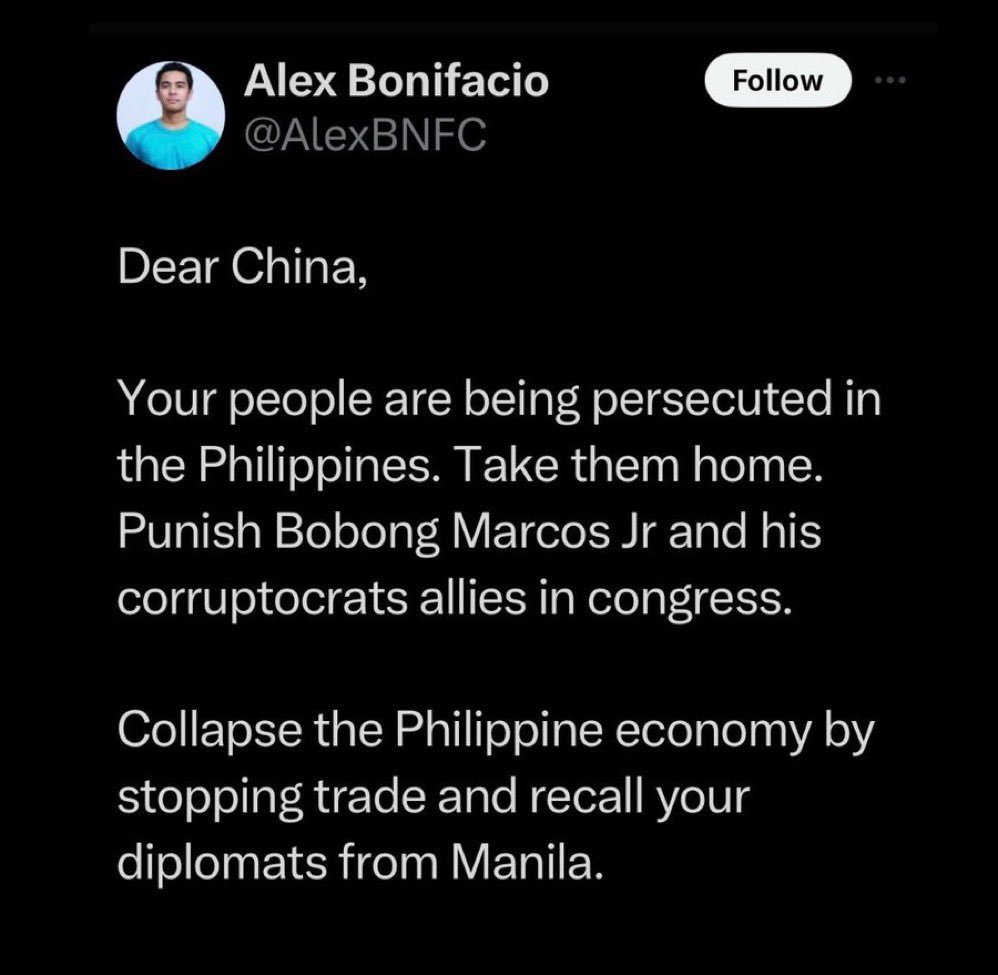Enough with the baseless accusations, wumao! The Philippines is a sovereign nation, and a true Filipino won’t stand for anyone meddling in our affairs or spreading lies about our country.

Threatening to wreck the PH economy and pull out diplomats? Thats not just aggressive, it’s
