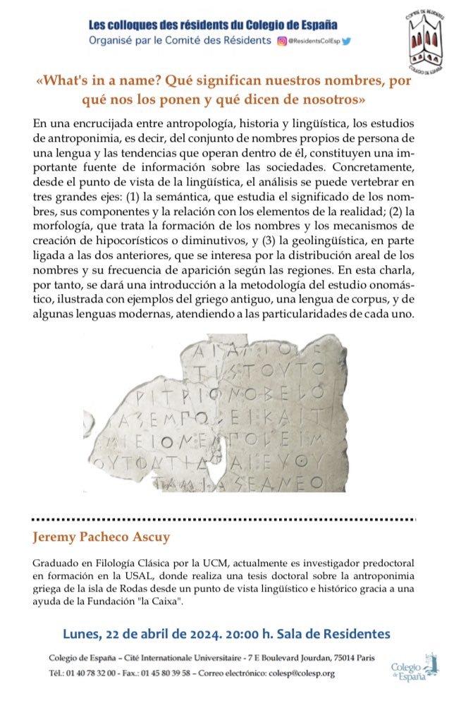 Hoy a las 20h en la sala de residentes Jeremy nos explicará sus estudios sobre antroponimia desde el punto de vista de la lingüística. 

No os lo perdáis ‼️‼️