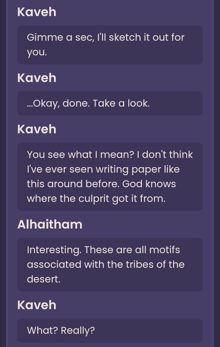 4.6 Cyno SQ spoilers.

We thought they're arguing in these chat logs. Turns out haikaveh were just gossiping. 😭